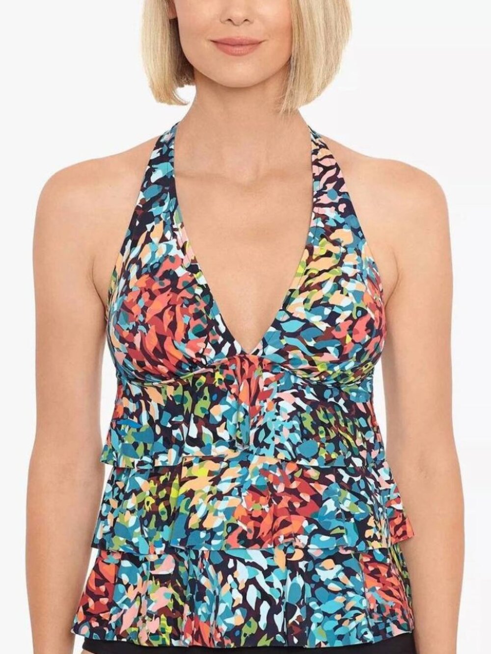 Swim Solutions Animal Print Triple Tier Halter Tankini Top Black Multicolor 14